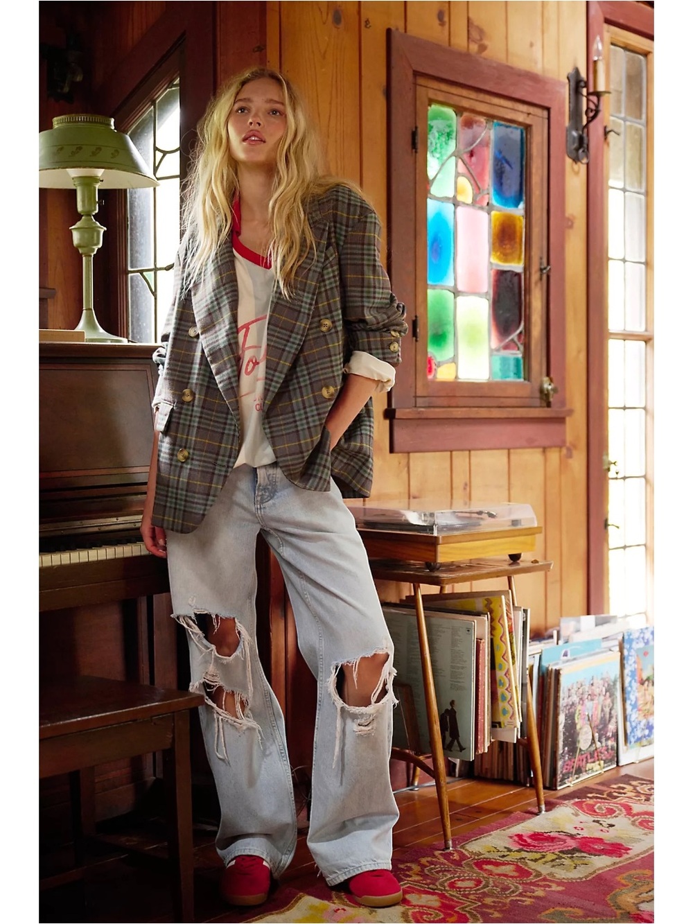 Free People Preppy Dark Academia Dean Double Breasted Blazer Oliver Plaid Small - Picture 3 of 16